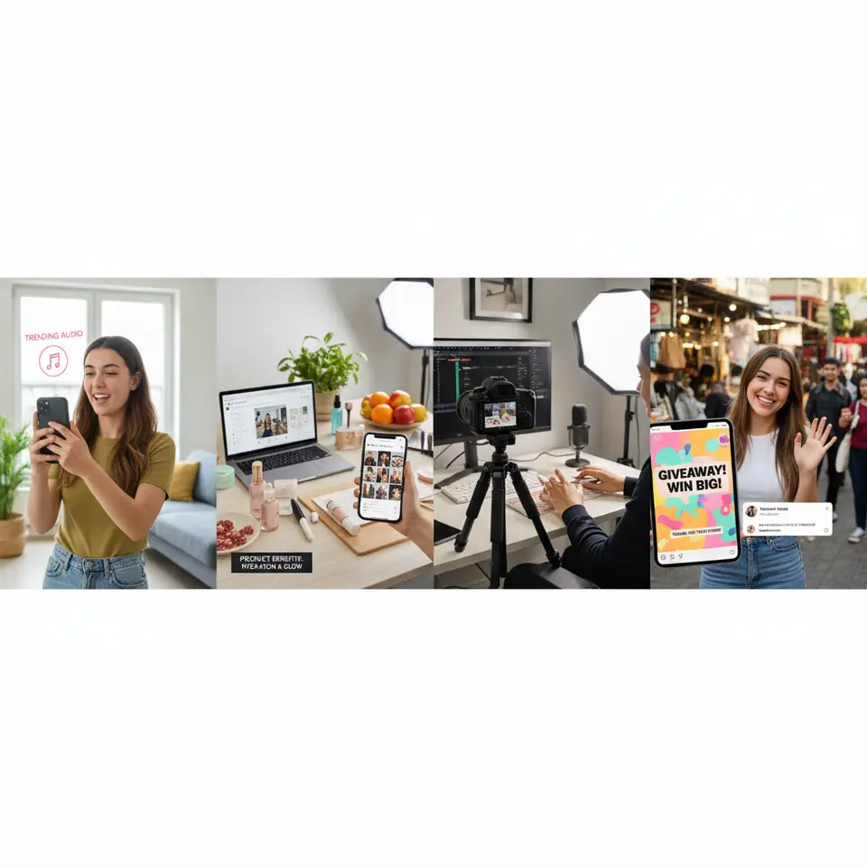 Designing Partnership Campaigns: Create a vibrant collage that illustrates multiple content formats— a micro-influencer recording a 15-second TikTok/Reel with dynamic transitions and trending audio, a styled Instagram feed photoshoot highlighting product benefits, a YouTube tutorial setup with camera and lighting, a colorful giveaway post graphic with tagging instructions, and an influencer hosting a live takeover on Instagram Stories with real-time comments popping up.