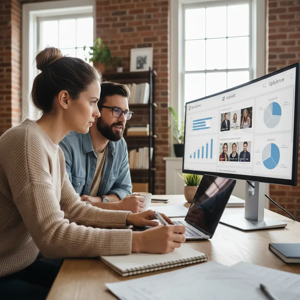 Identifying the Right Micro-Influencers: Depict a digital marketing command center showing a laptop screen with influencer discovery tools (BuzzSumo, AspireIQ, Upfluence), side panels displaying engagement graphs (likes, comments, shares), demographic pie charts (age, location, interests), and a marketing professional analyzing content quality and previous partnership examples.