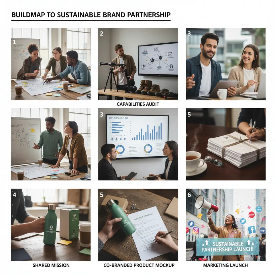 A six-step roadmap infographic for building a sustainable brand partnership: Step 1 workshop table mapping shared mission, Step 2 capabilities audit with gear and network icons, Step 3 KPI dashboard visuals, Step 4 co-branded product mockup, Step 5 legal agreement documents, Step 6 marketing launch megaphone and social media symbols