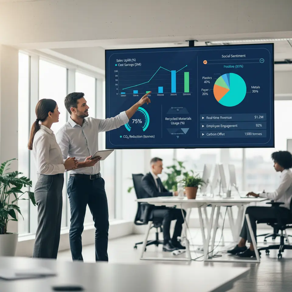 A sleek, interactive real-time dashboard merging financial and ESG metrics: line and bar charts for sales uplift and cost savings, a gauge for CO₂ reduction, pie chart of recycled materials usage, sentiment meter for social mentions, and live data widgets in a unified interface