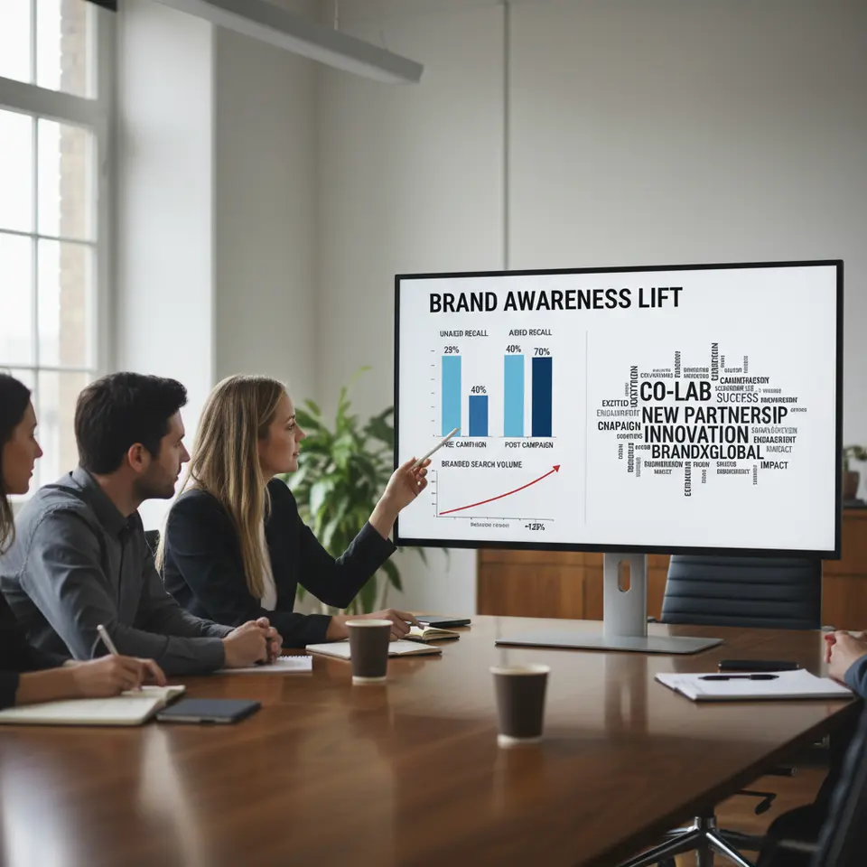 Brand Awareness Lift Infographic: side-by-side pre- and post-campaign bar graphs showing unaided vs. aided recall scores, an upward-trending line of branded search volume, and a social listening word-cloud of co-branded campaign mentions.