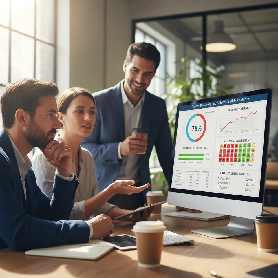 Partner Discovery and Selection with Analytics: a visual scorecard composed of gauges and charts—audience overlap percent, engagement potential bars, revenue synergy trend lines, sentiment alignment heatmap—with weighted scores combining into a final partner ranking leaderboard.