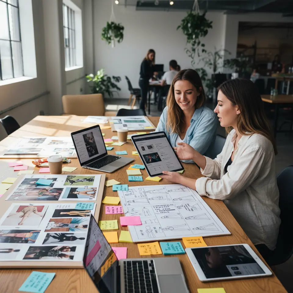 Co-Developing Campaign Concepts: A dynamic brainstorming scene showing a brand marketer and influencer around a table covered with mood boards, storyboards, colorful sticky notes and tablets—planning Instagram Live streams, TikTok challenges, hashtags and limited-edition product drops