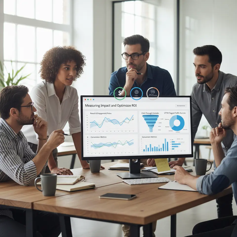 Measuring Impact and Optimizing ROI: A high-tech analytics dashboard on a computer screen displaying key performance indicators—graphs of reach and engagement rates, click-through funnels, UTM‐tagged traffic sources and conversion metrics—overlaid with charts and icons representing revenue, clicks, and social conversations