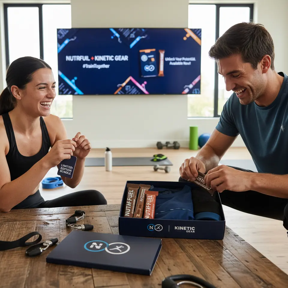 Co-Created Products and Bundles: A dynamic product lineup featuring two distinct brands — for example, a nutrition bar and fitness gear — packaged together with dual logos, promotional tags (like “limited-edition bundle”), and teaser social media banners in the background.
