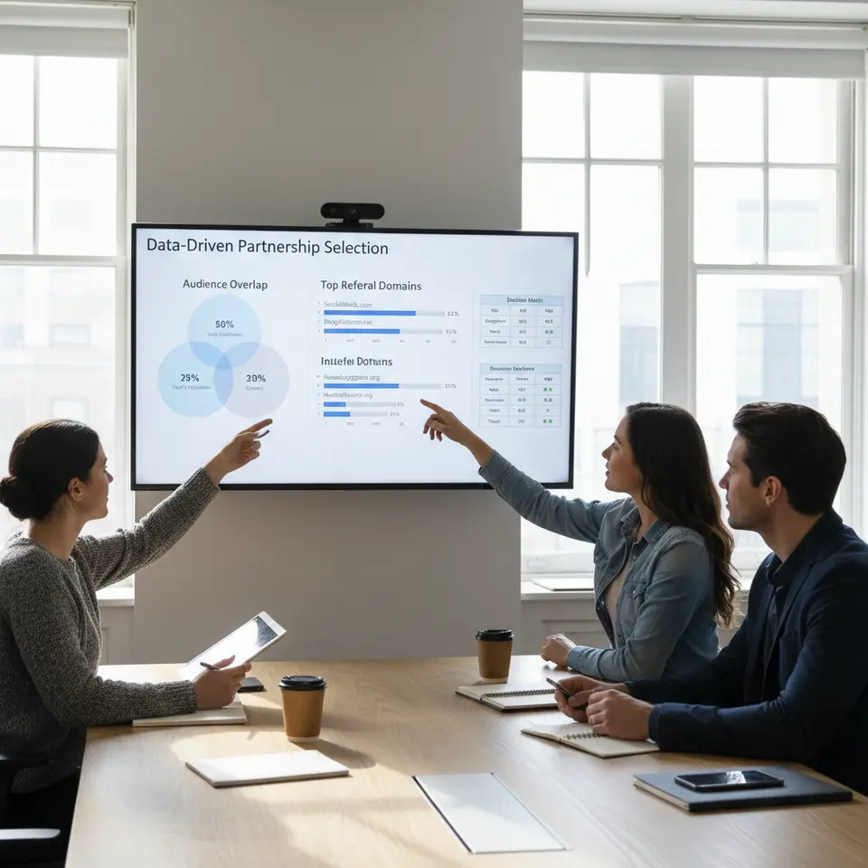 Data-Driven Partnership Selection: An analytics dashboard view with charts and graphs — a Venn diagram showing audience overlap, a bar chart of top referral domains, and a decision-matrix grid weighing ROI, engagement, and resource investment.