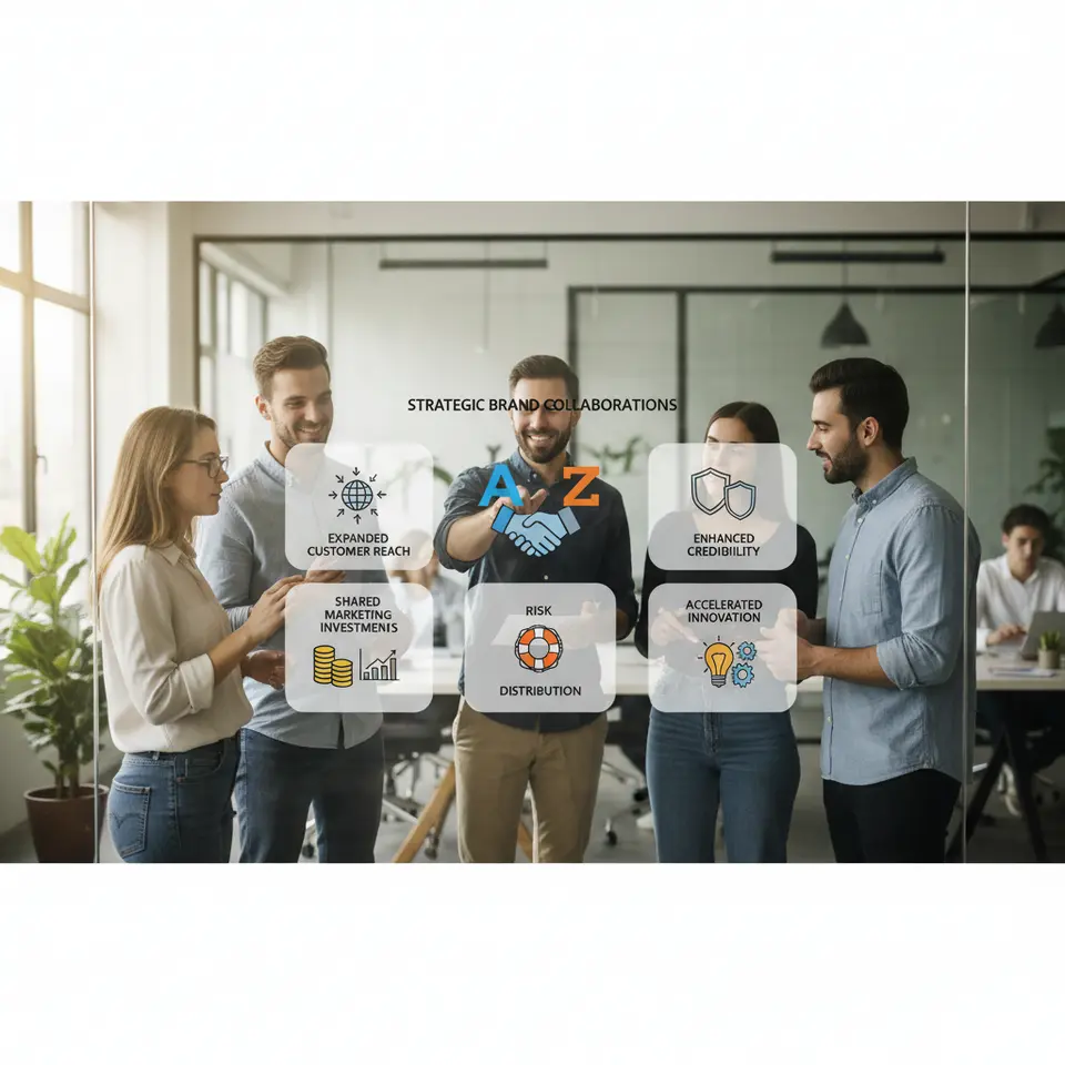 An infographic showcasing the five key benefits of strategic brand collaborations: icons and visuals for Expanded Customer Reach (globe with arrows), Shared Marketing Investments (stacked coins and budget chart), Enhanced Credibility (two shields merging), Accelerated Innovation (lightbulb and gears), and Risk Distribution (lifebuoy split between two hands), with two brand logos shaking hands at the center.